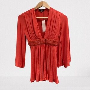 Sky Women's Plunge Neck Leather Braided Belt Top Sexy‎ Coral Orange New Small